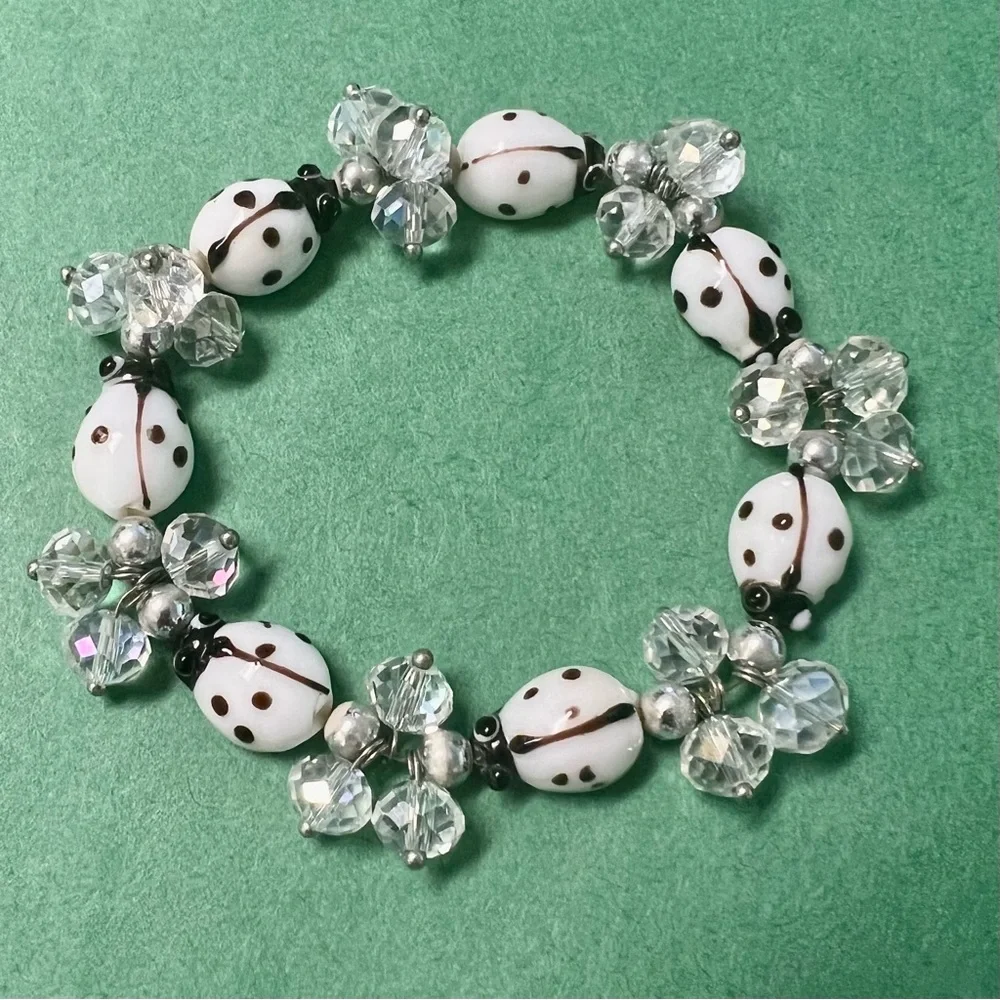 Vintage White Brown Dots Ladybug Glass  & Clear Beaded Stretch Bracelet -‎ Gift